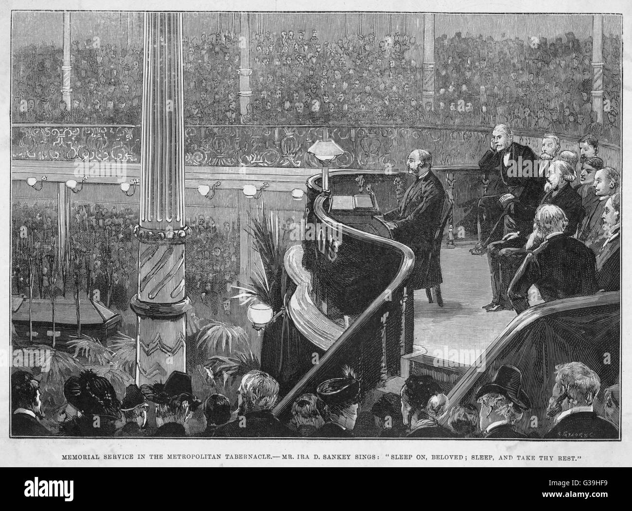 Revivalist Ira Sankey sings to  an immense congregation at the  memorial service to fellow  revivalist Charles Haddon  Spurgeon      Date: 1892 Stock Photo