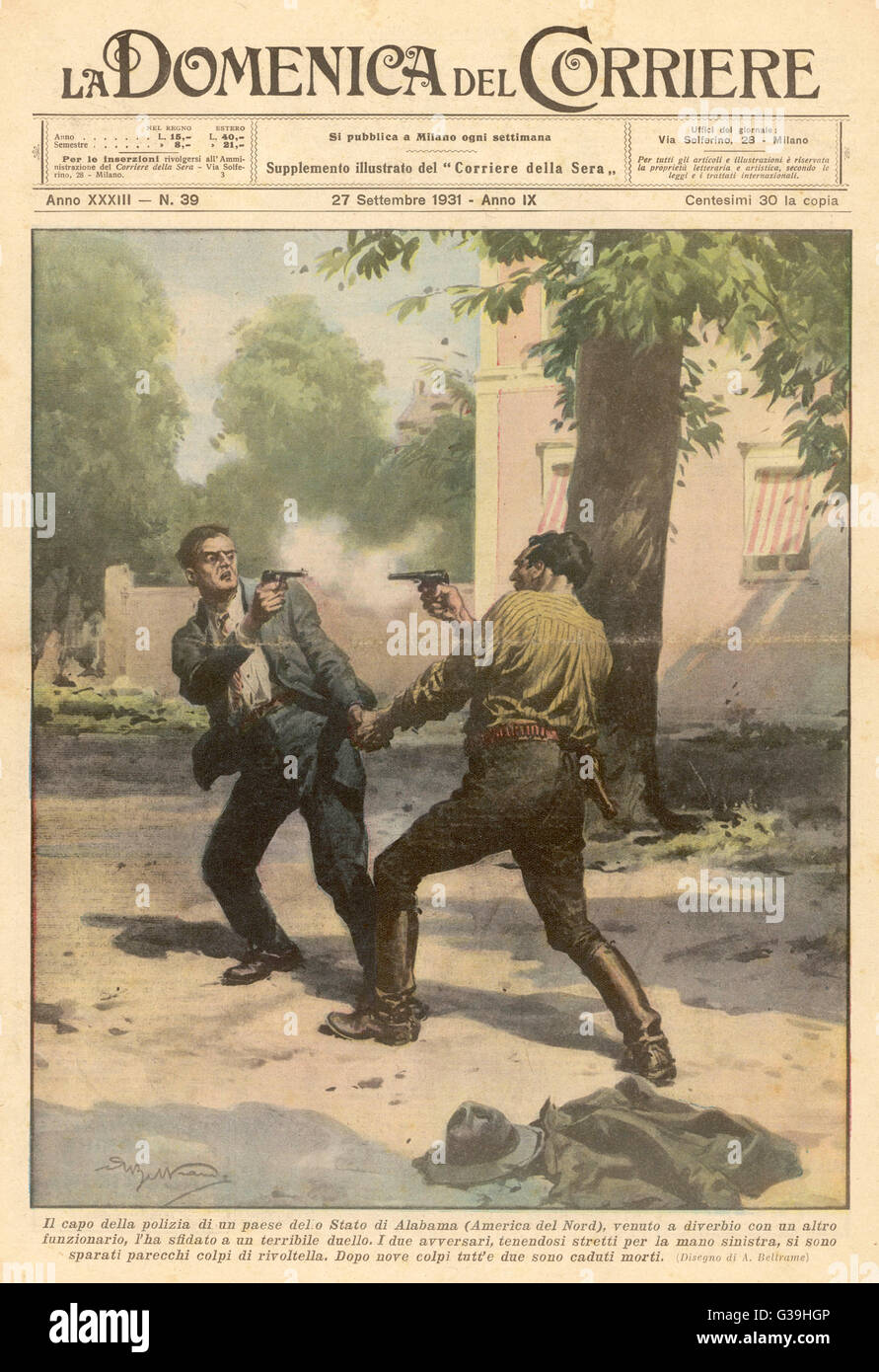 The police chief of an  Alabama town fights a duel  with a colleague, tied to each  other by the wrist : not  surprisingly at that distance,  each kills the other     Date: 1931 Stock Photo