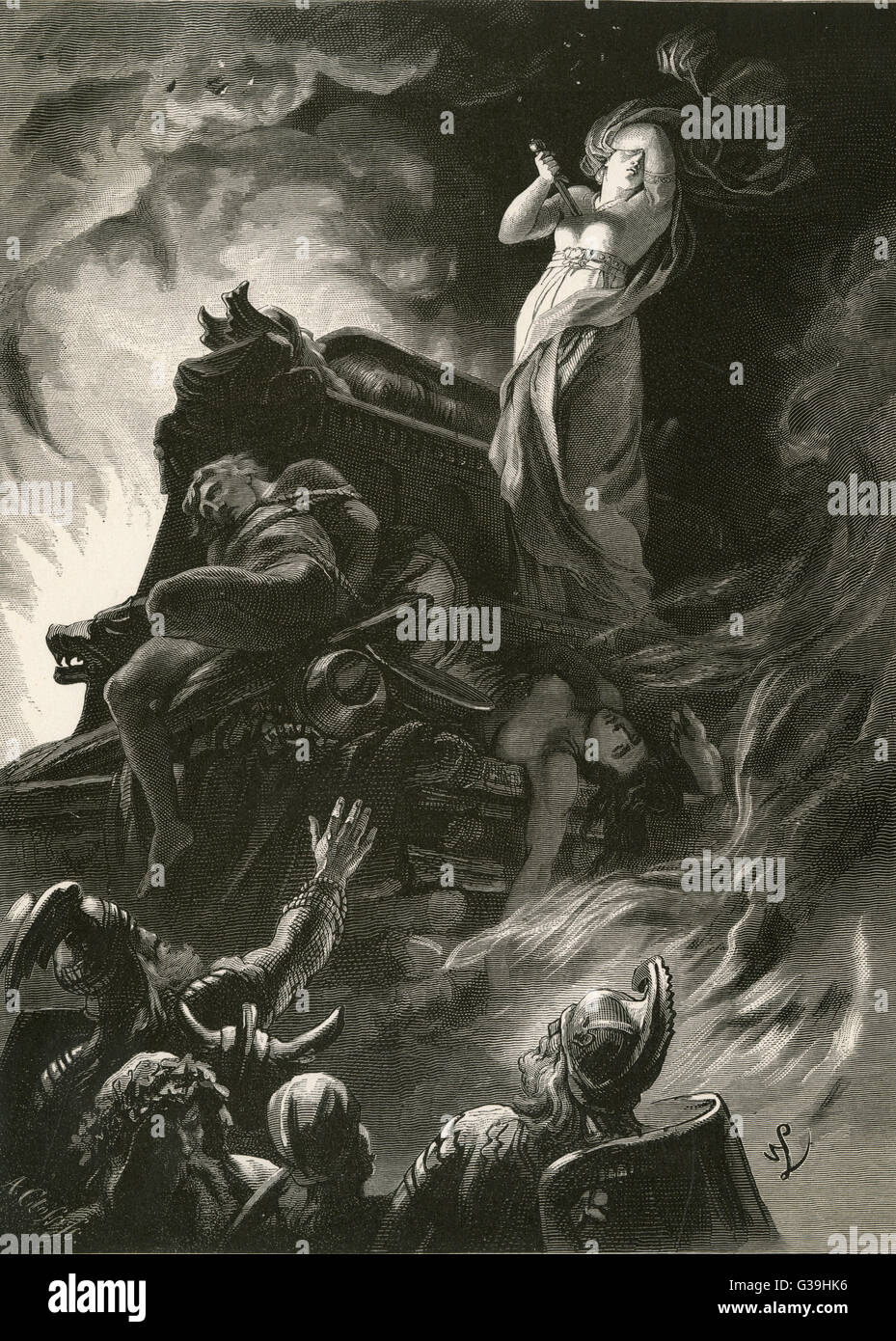 ANCIENT GERMANY a devoted widow stabs herself on her husband's funeral