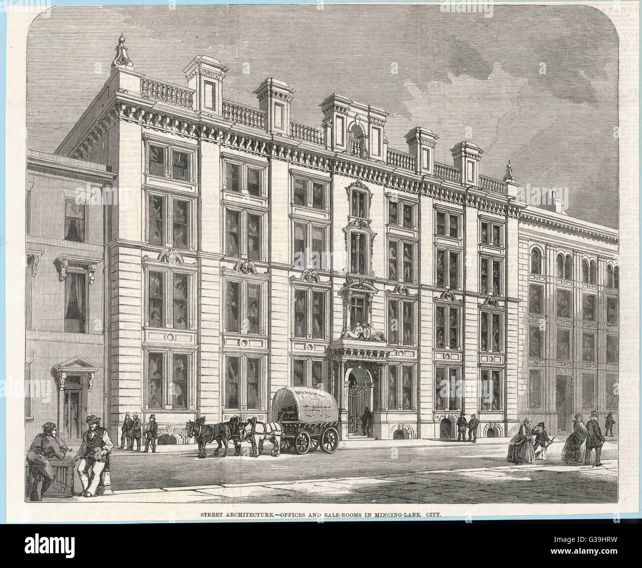 This building housing offices  and sale rooms is character- istic of the commercial  buildings springing up all  over London during the latter  half of the 19th century     Date: 1860 Stock Photo