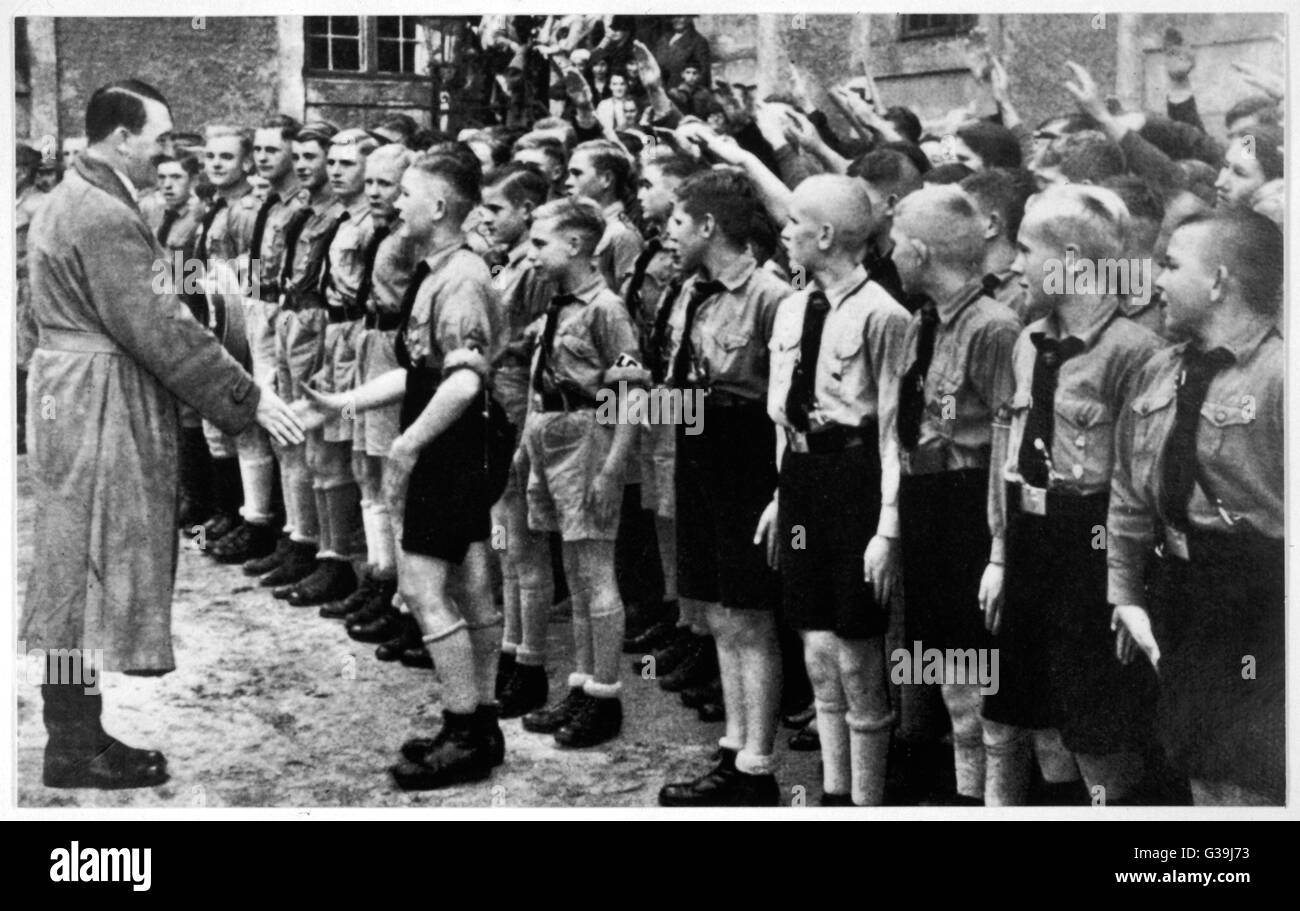 HITLER Hitler greets Hitler Youth         Date: circa 1935 Stock Photo