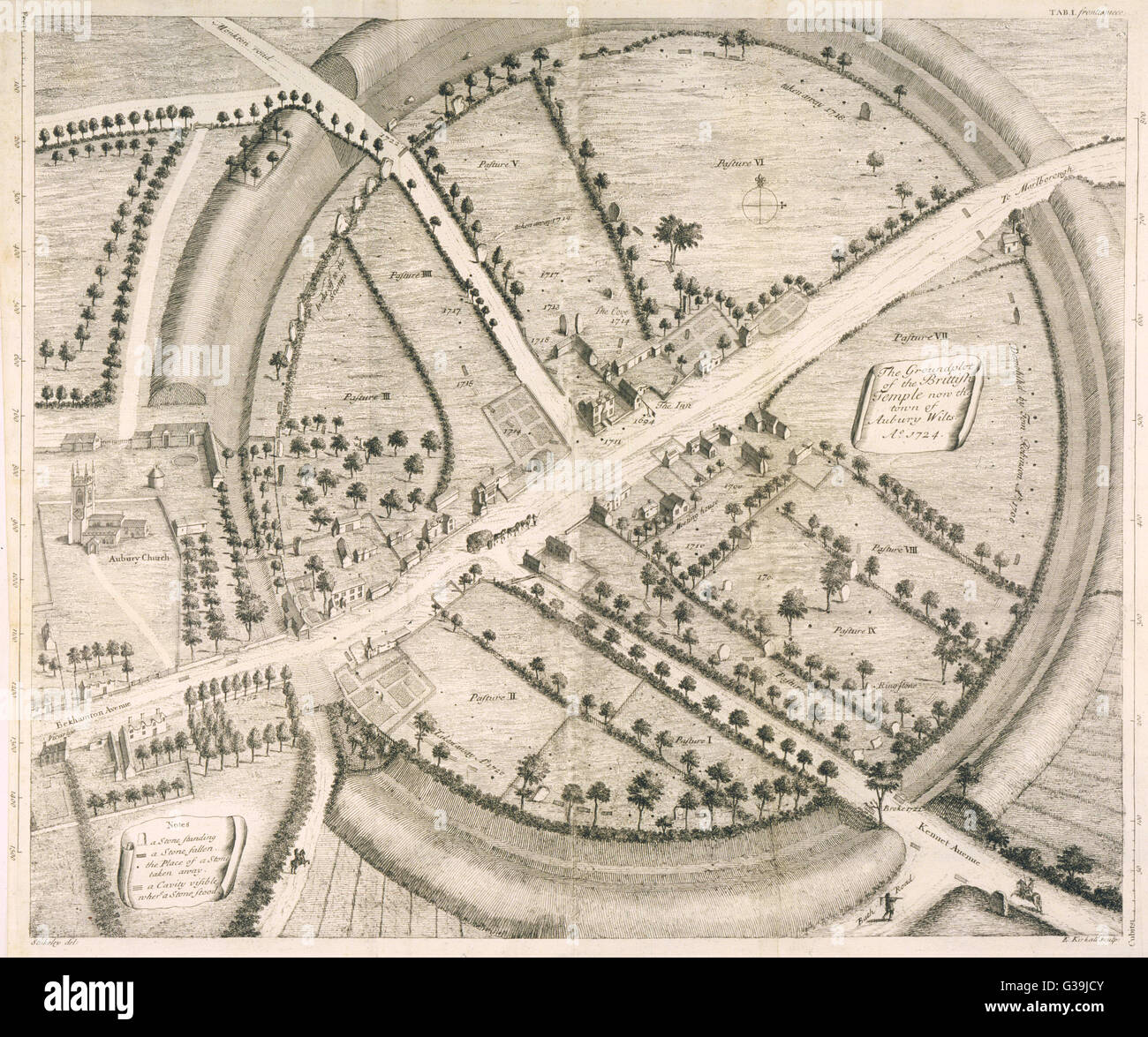 A beautifully drawn overhead  plan of the stone circles and  embankment ditches at Avebury.  Stukeley's accuracy is  impressive, charting every stone, pasture and building.     Date: 1743 Stock Photo