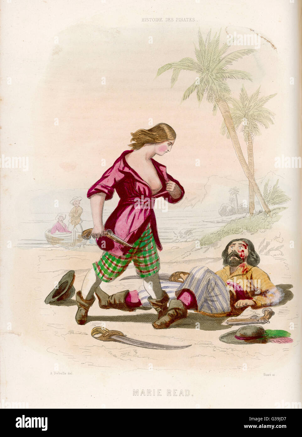 The pirate Mary Read reveals  to her astonished victim that  he has been defeated       by a woman Stock Photo