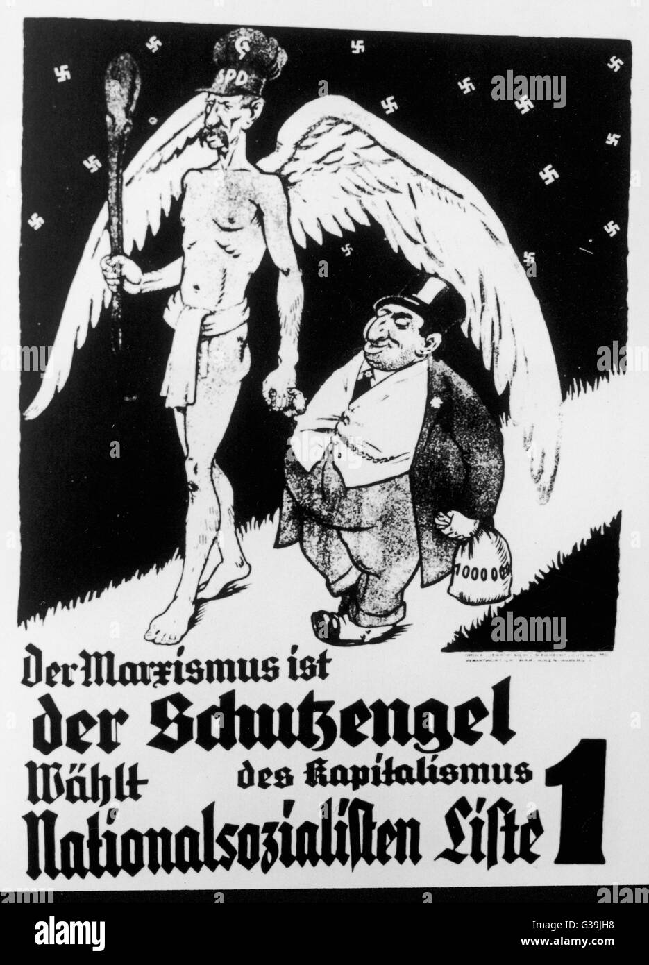 &quot;Marxism is the protective  angel of Capitalism&quot; A Nazi poster showing the  Marxist angel walking hand in  hand with a wealthy Jewish  businessman.     Date: 1933 Stock Photo