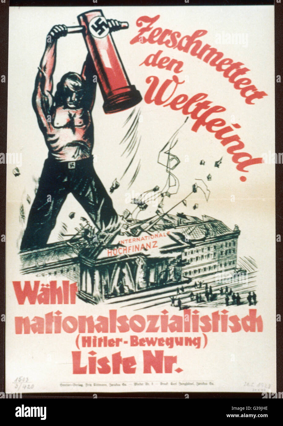 'Smash the World Enemy' (the enemy being International  High Finance).   Nazi election poster.      Date: 1932 Stock Photo