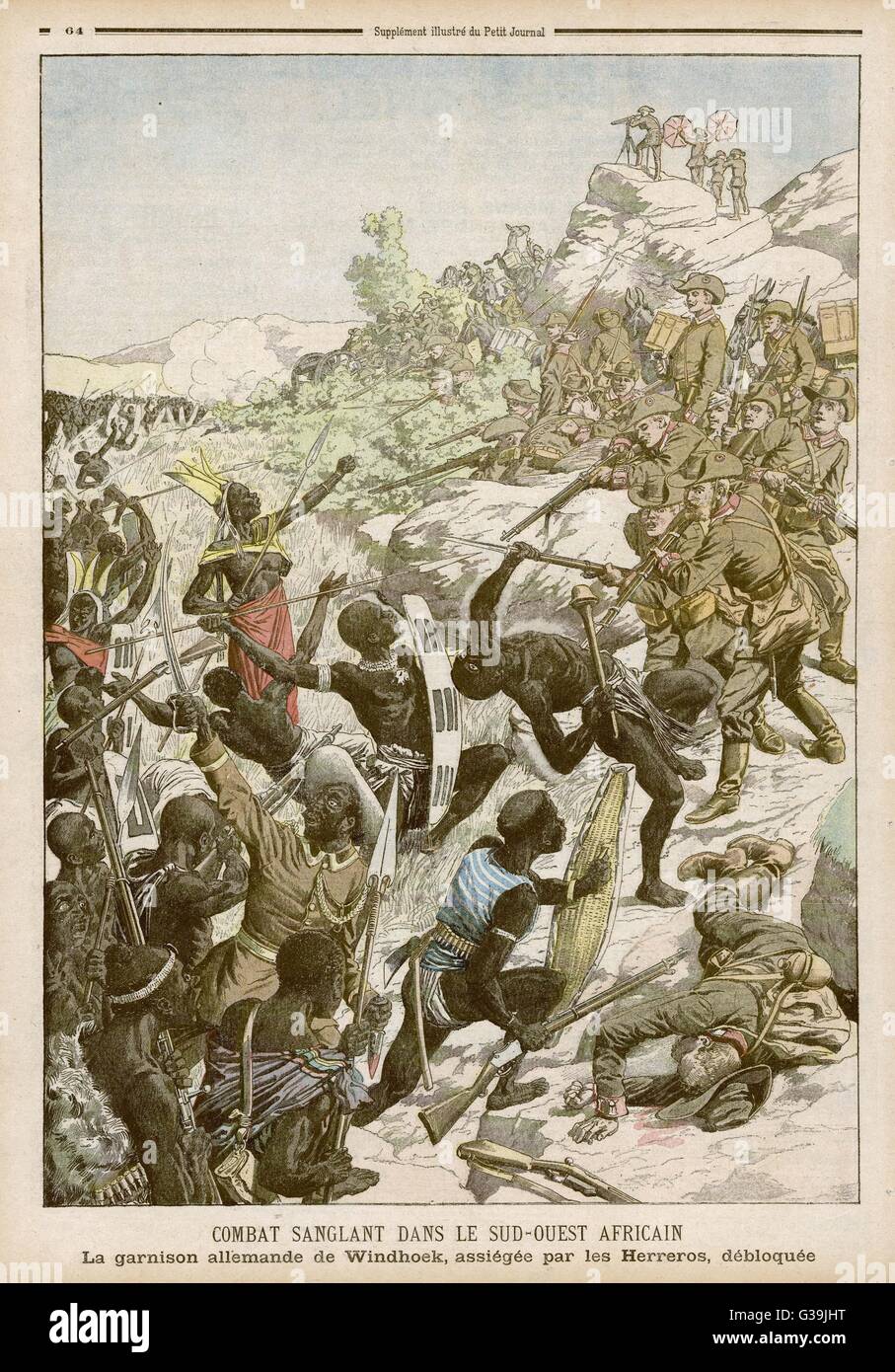 The German garrison at  Windhoek in present-day  Namibia (then German South- West Africa) is attacked by  warriors of the Herrero people       Date: February 1904 Stock Photo