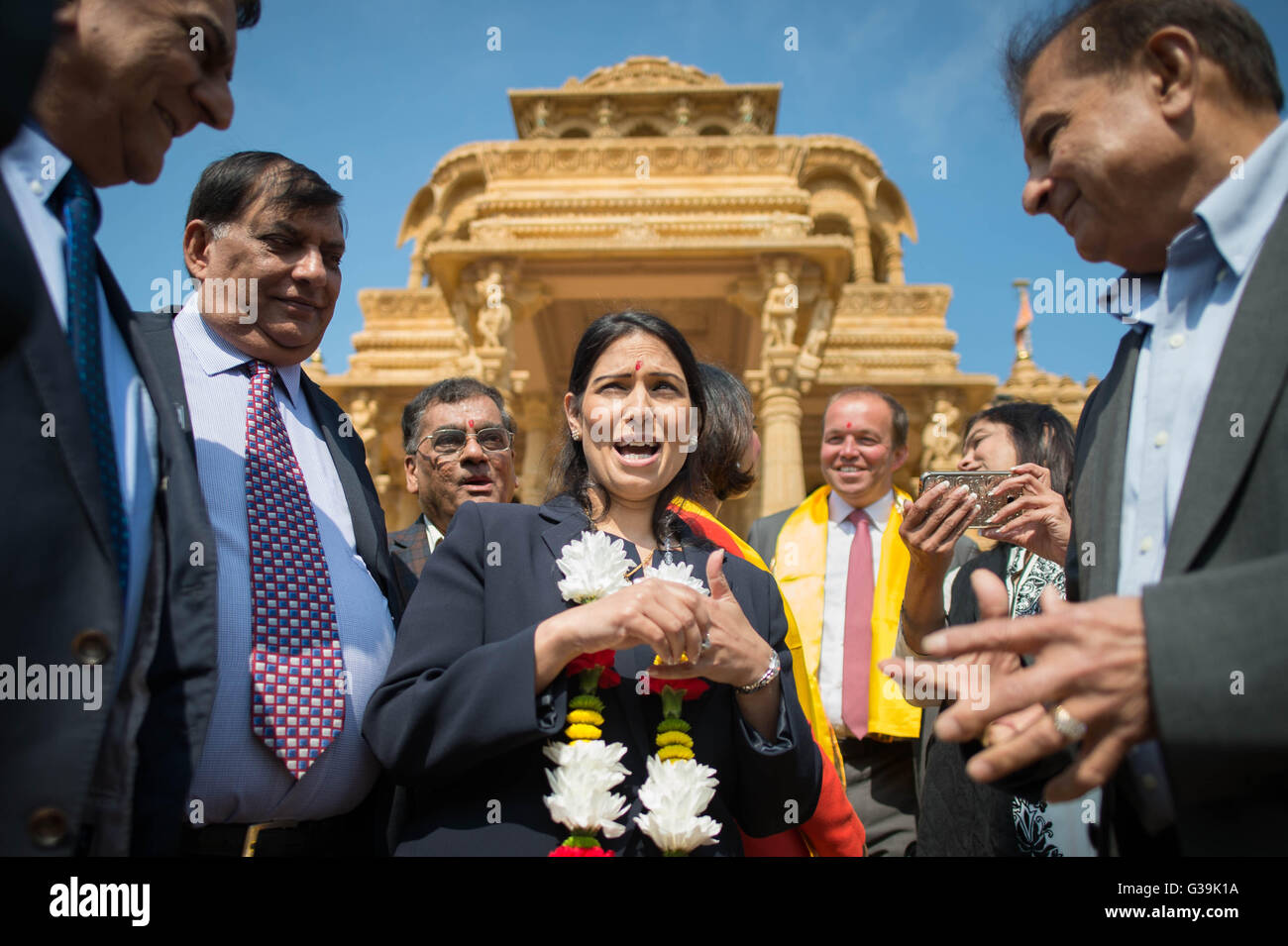 Priti Patel MP visits Shree Sanatan Hindu Mandir Temple in Wembley, London, whilst out campaigning on behalf of the Vote Leave campaign. Stock Photo