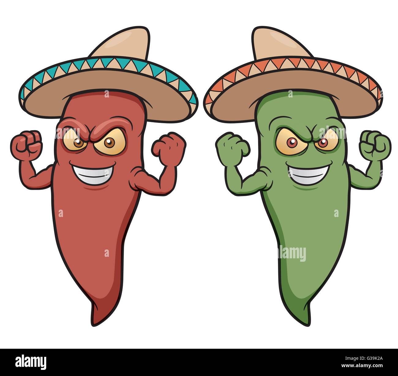 Vector illustration of Cartoon Chili peppers wearing sombreros Stock Vector