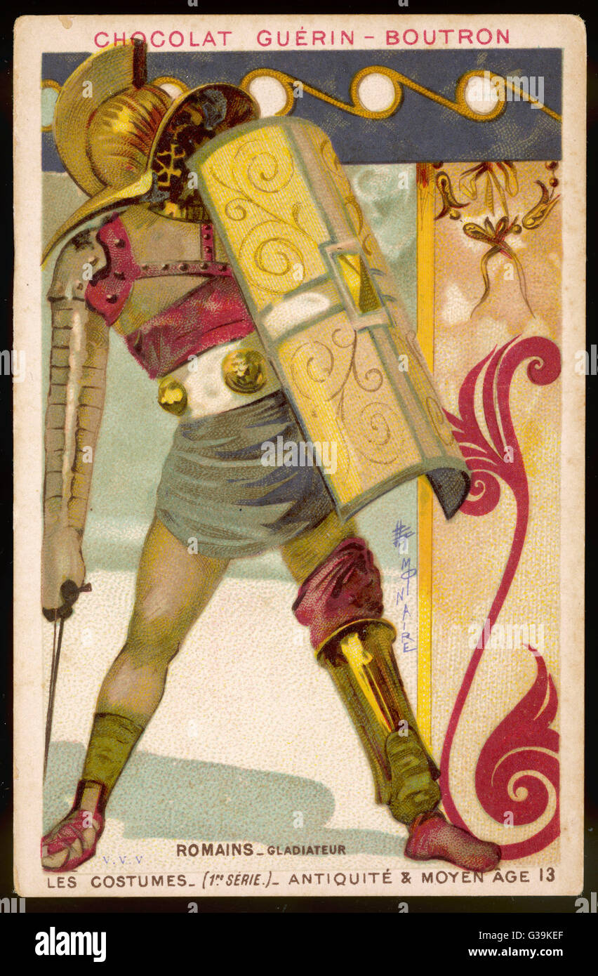 A Roman gladiator fully  equipped for the arena, with  body armour, a large curved  shield, helmet and dagger       Date: ANCIENT ROME Stock Photo