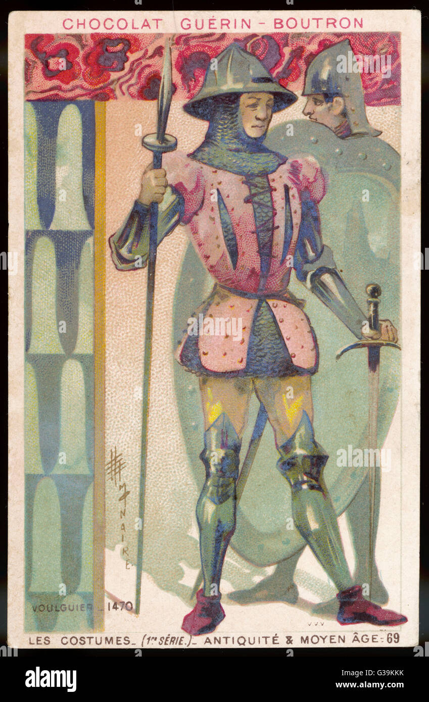An ordinary soldier in  chainmail and helmet,  with pike and sword        Date: 1470 Stock Photo