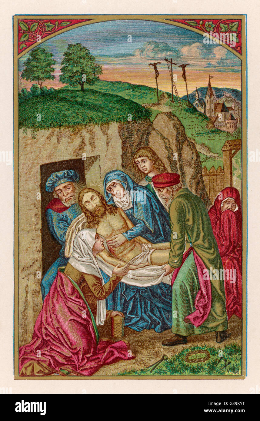 After the crucifixion, his  body is placed in the tomb Stock Photo