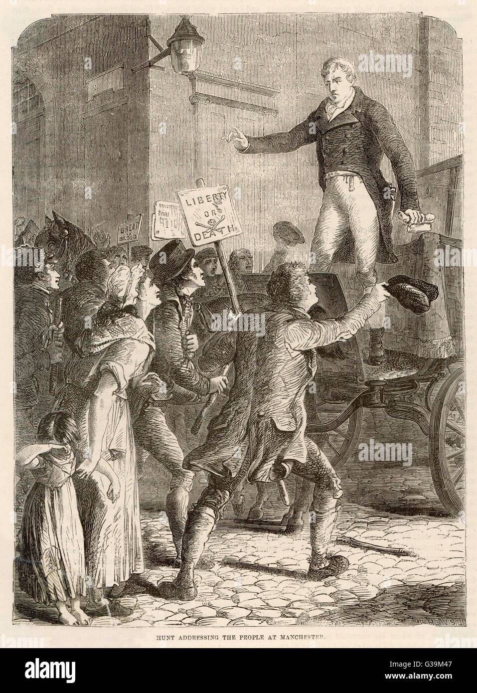 Radical Henry 'Orator' Hunt,  begins his speech to the crowd  gathered at St Peter's Fields  Manchester. He is interrupted  by the fatal yeomanry charge,  arrested and imprisoned.      Date: 16 August 1819 Stock Photo