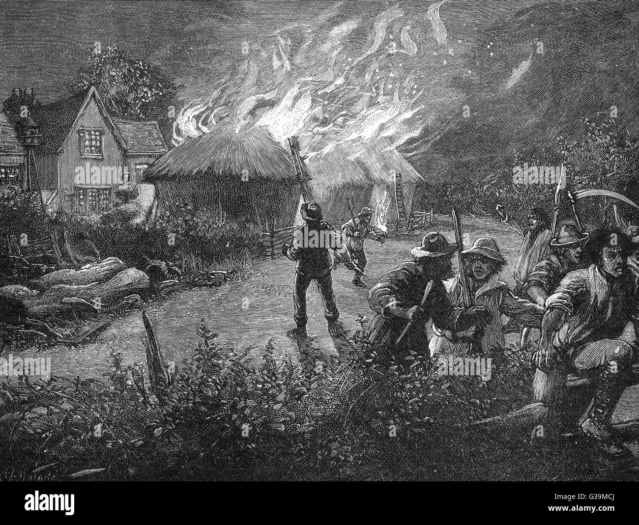 A mob burns hay-ricks in Kent.          Date: 1830 Stock Photo