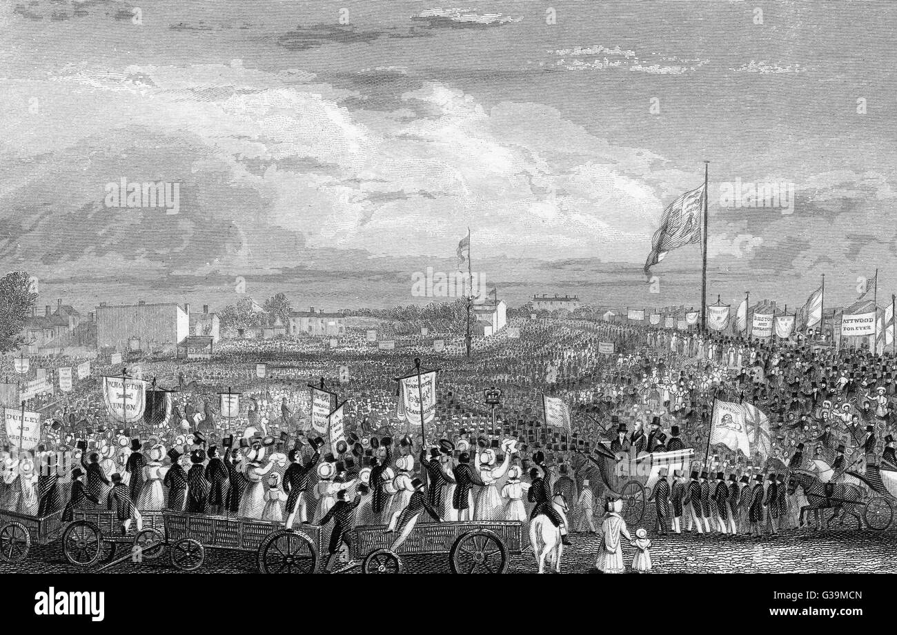 Political Unions gather at  New-Hall Hill, Birmingham, to  press the case for the Reform  Bill. The Bill was passed  successfully through the House  of Lords on 7 June 1832.      Date: May 1832 Stock Photo
