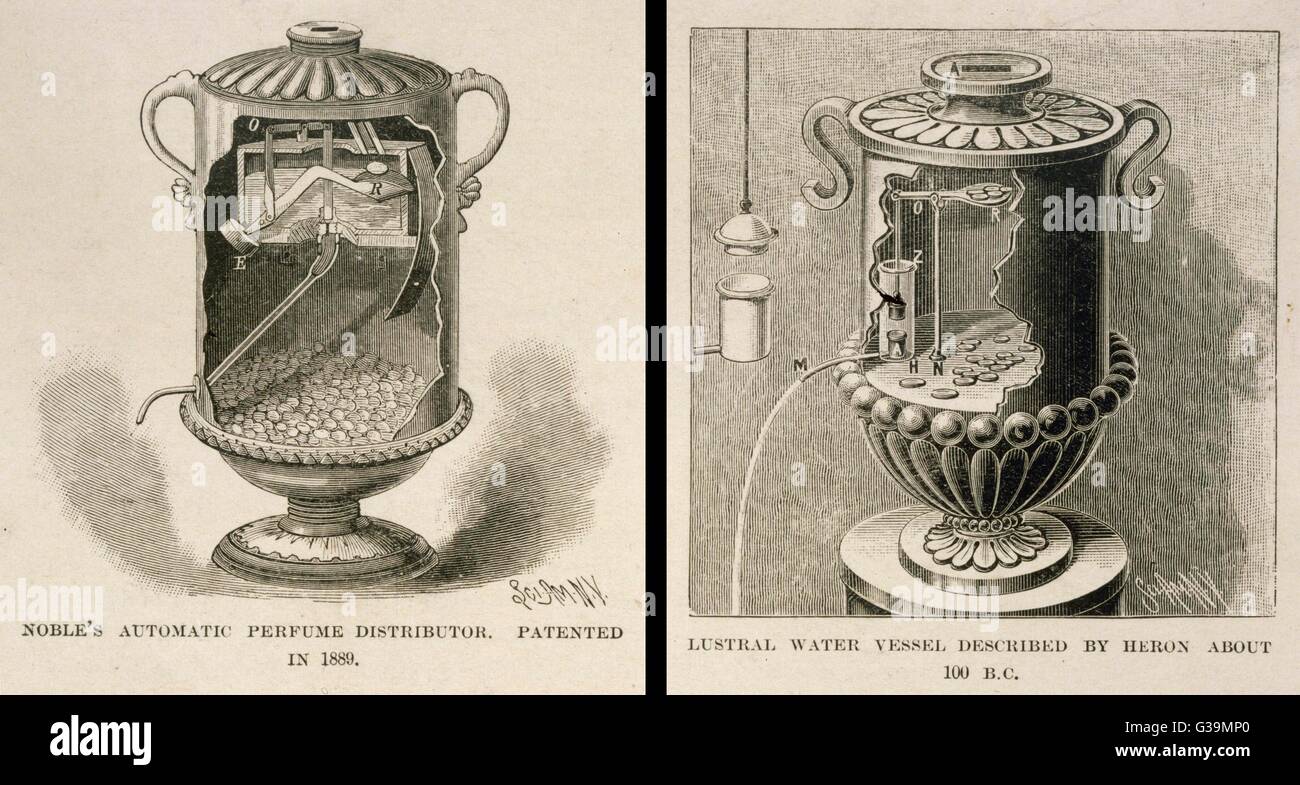 Coin-in-the-slot scent  dispenser, patented 1889,  operates on the same  principles as holy water  dispenser by Hero of  Alexandria in 1st century AD     Date: 1st century AD Stock Photo
