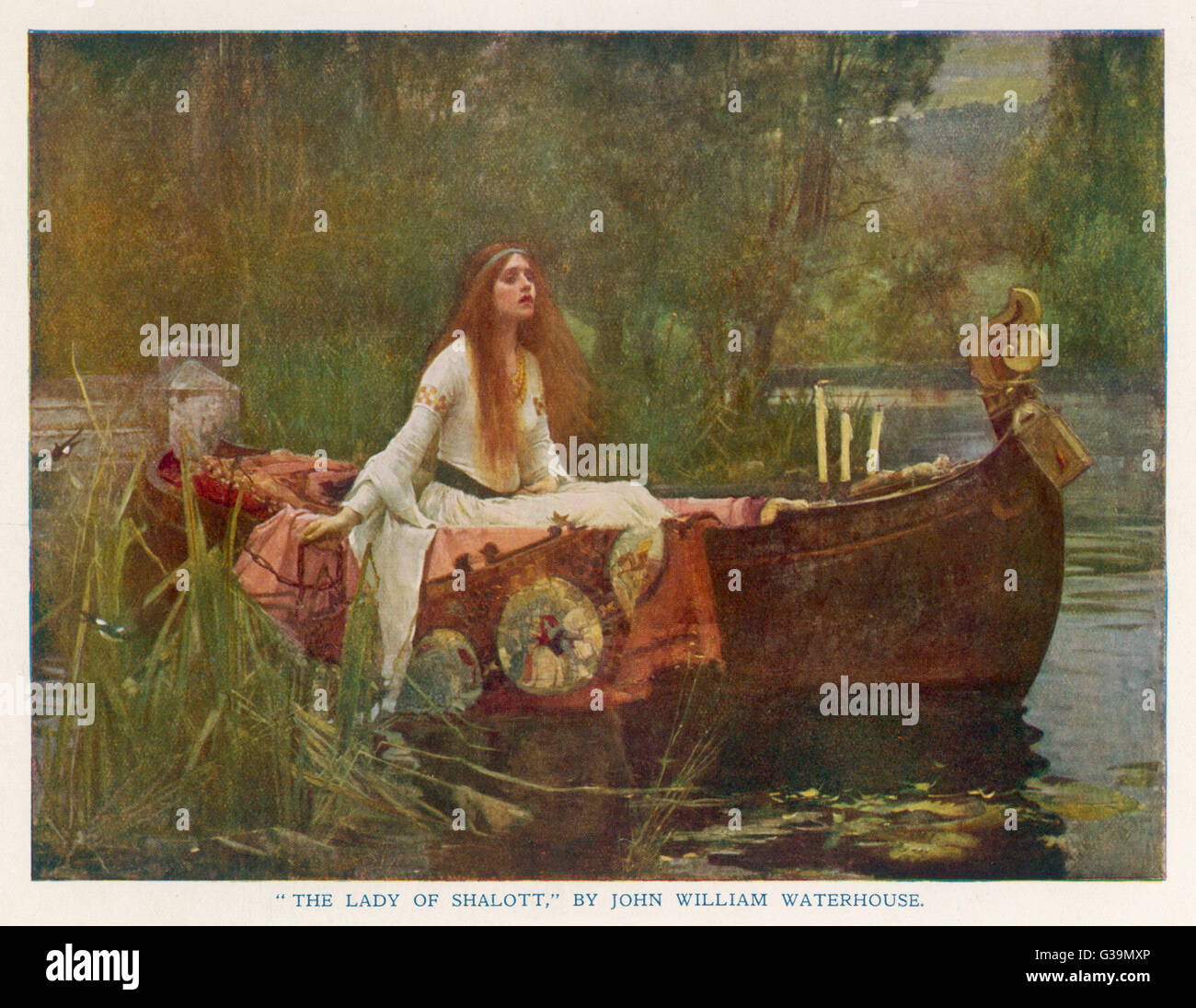 The Lady of Shalott floating down the river.        Date: First published: 1833 Stock Photo