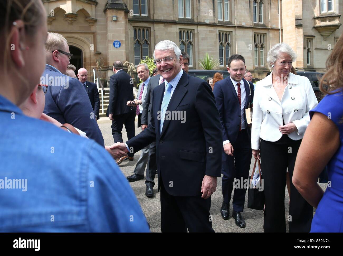 Former prime minister Sir John Major leaves after a Remain campaign event at the University of Ulster in Londonderry. Stock Photo