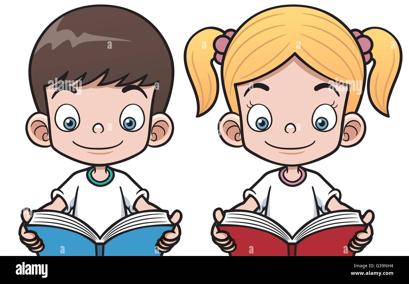 Vector illustration of cartoon boy and girl reading a book Stock Vector