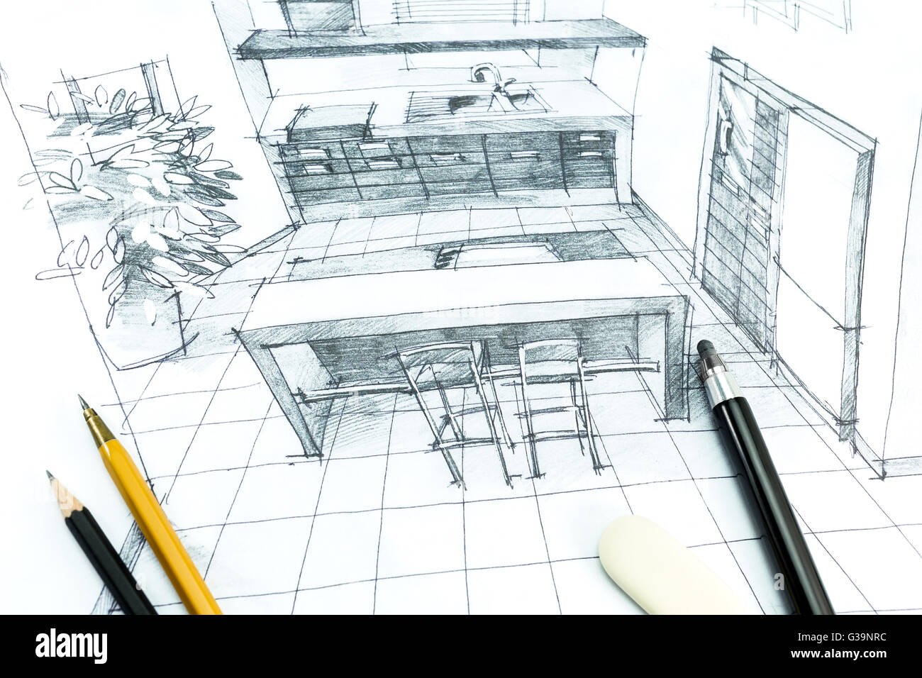 Hand drawing interior design. Part of architectural project Stock Photo