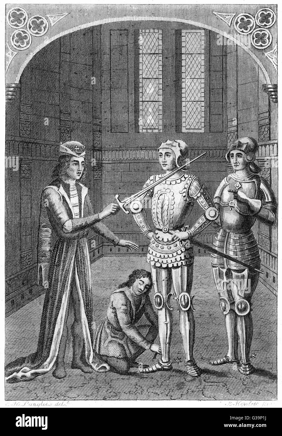 A knight is armed - when he  lowers his visor, there'll  hardly be a square centimetre  of him showing... illustration  from Barbazan's 'Fabliaux et  Contes' (1808)     Date: 15th century Stock Photo