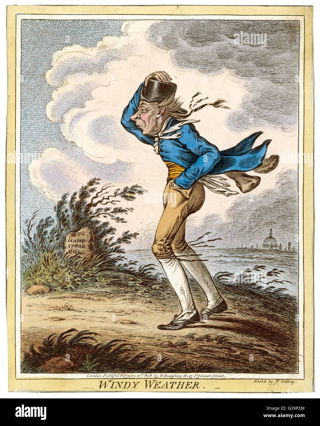 A windswept man battles his  way across Hampstead Heath.   He keeps one hand firmly on  his hat.       Date: 1808 Stock Photo