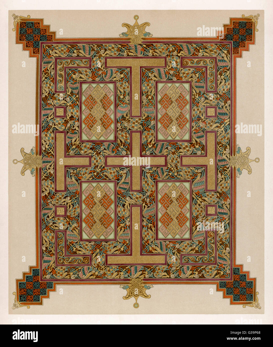Illumination from the  'Lindisfarne Gospels' or  Gospels of Saint Cuthbert (page facing the Gospel  of Saint John)      Date: circa 700 Stock Photo