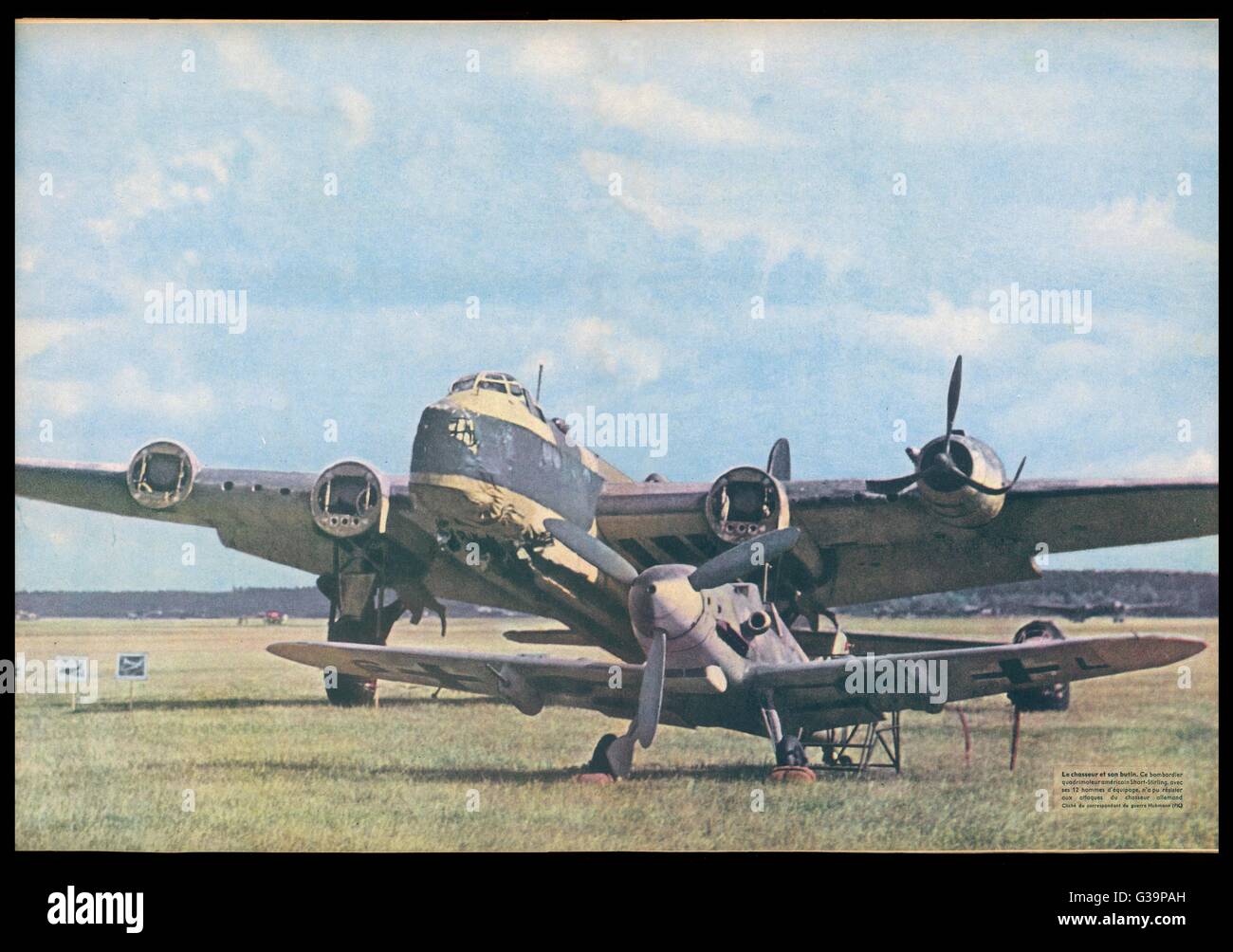 A Messerschmitt 109 poses  before the British Short  Stirling bomber it brought  down - it has lost three of  its engines - and the fourth  looks fairly dodgy too !     Date: summer 1943 Stock Photo