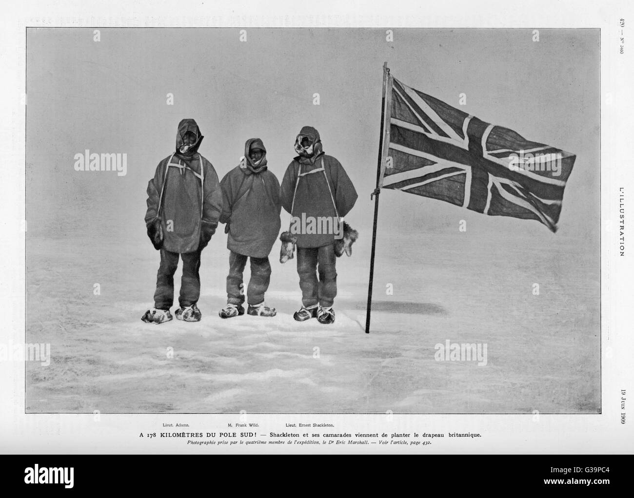 Ernest Shackleton's expedition  reached within 100 miles of  the South Pole.  Shackleton, Wild and Adams 178  kilometres from the South Pole     Date: 1909 Stock Photo