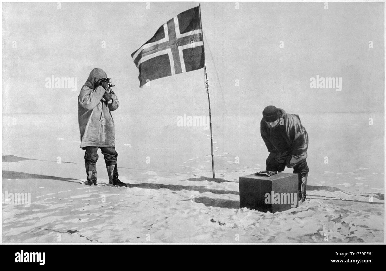 Roald Amundsen, the first to  reach the South Pole, did so  on 14 December 1911 and  returned home safely.   Amundsen's men determining the  exact location of the S. Pole.     Date: 14 December 1911 Stock Photo