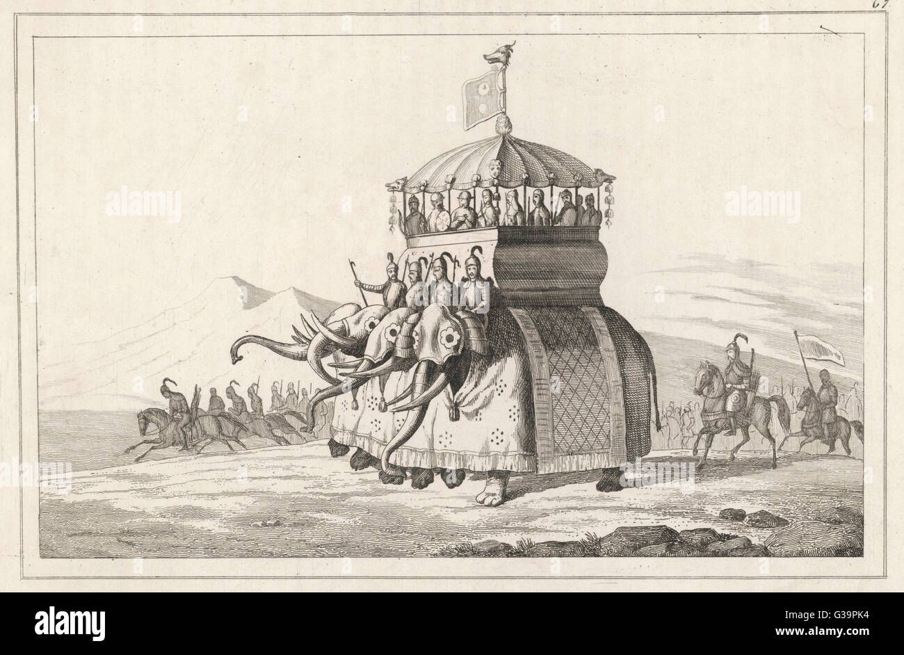 Kublai Khan goes into battle  mounted on four armoured  elephants.       Date: circa 1290 Stock Photo