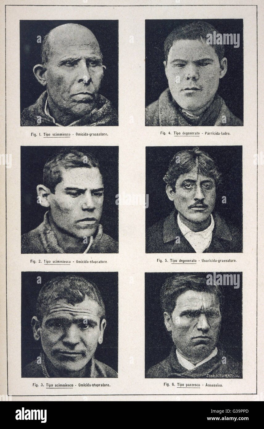 An example from Lombroso's  study that claimed to relate  physiognomy to criminal  nature. This plate shows  murderers.      Date: 1895 Stock Photo