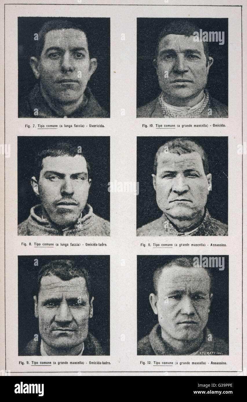 An example from Lombroso's  study that claimed to relate  physiognomy to criminal  nature. This plate shows  'typical' murderers &amp; assasins.      Date: 1895 Stock Photo