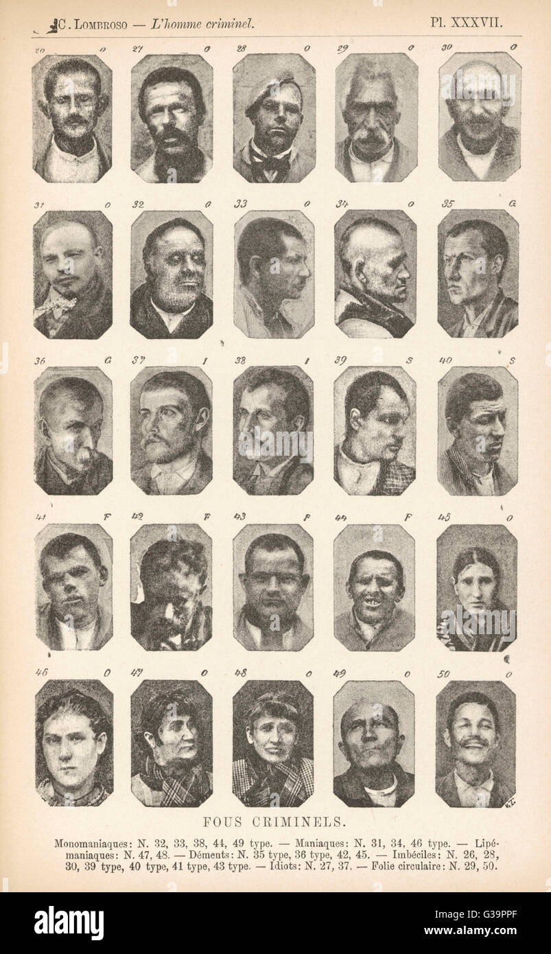 An example from Lombroso's  study that claimed to relate  physiognomy to criminal  nature. This plate shows  a variety of 'typical'  criminals.     Date: 1895 Stock Photo