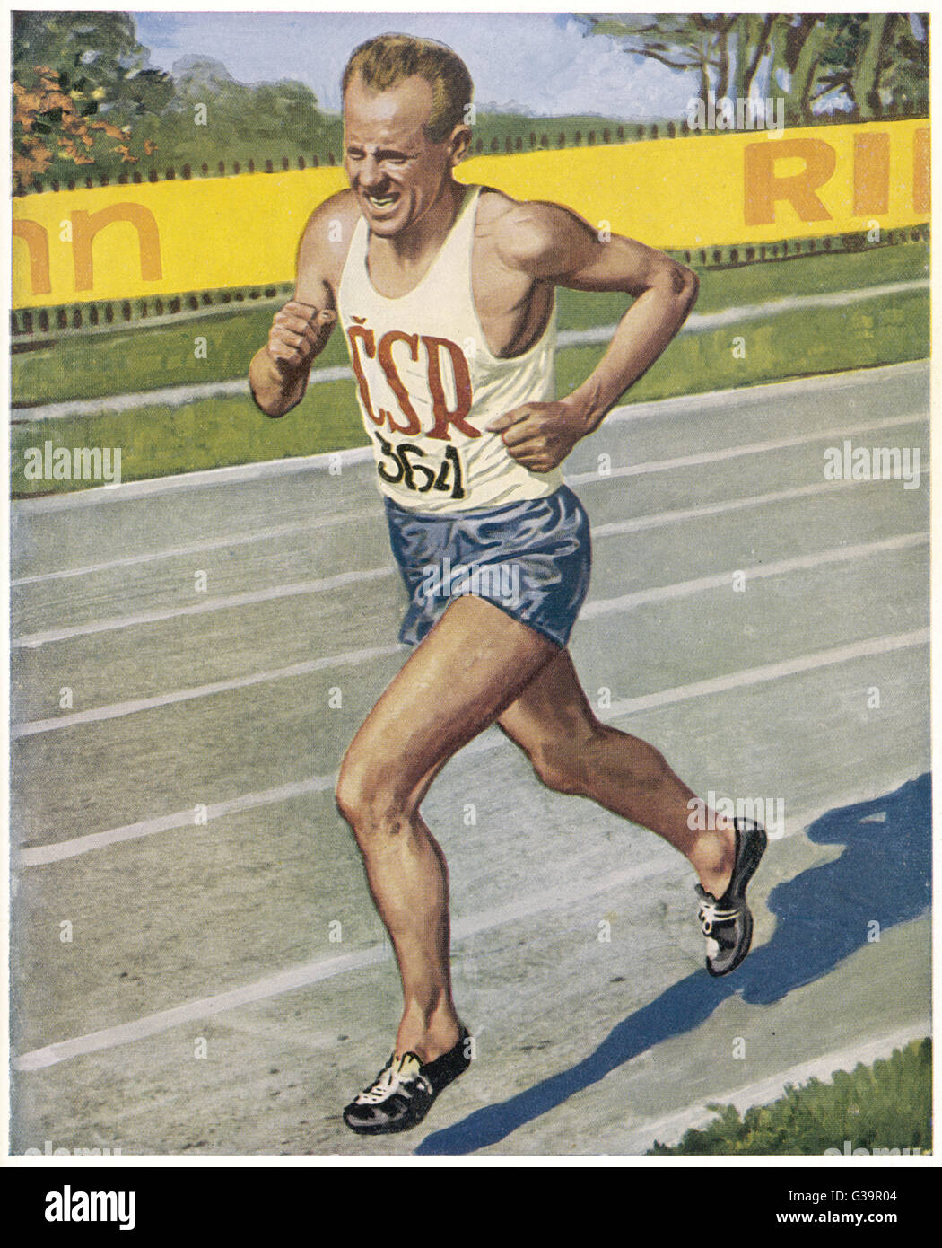 Emil Zatopek (Czech) wins gold in the 10000 metres at the 1948 London Olympic Games.     Date: 1948 Stock Photo