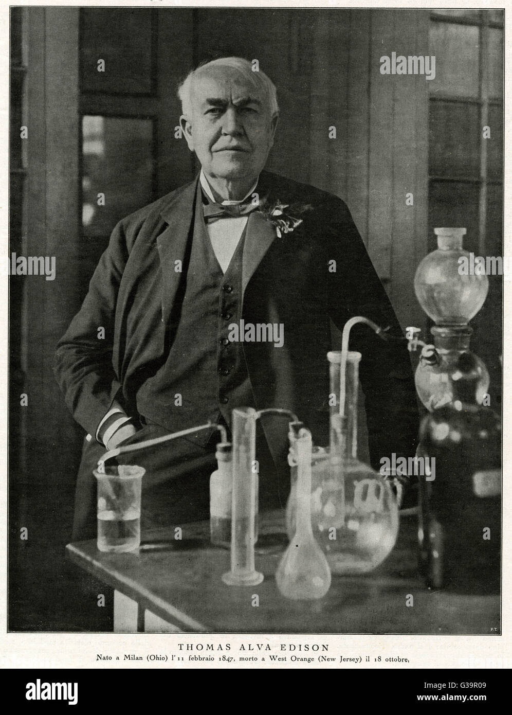 THOMAS ALVA EDISON  American inventor on his 77th birthday in his West Orange laboratory     Date: 1847 - 1931 Stock Photo