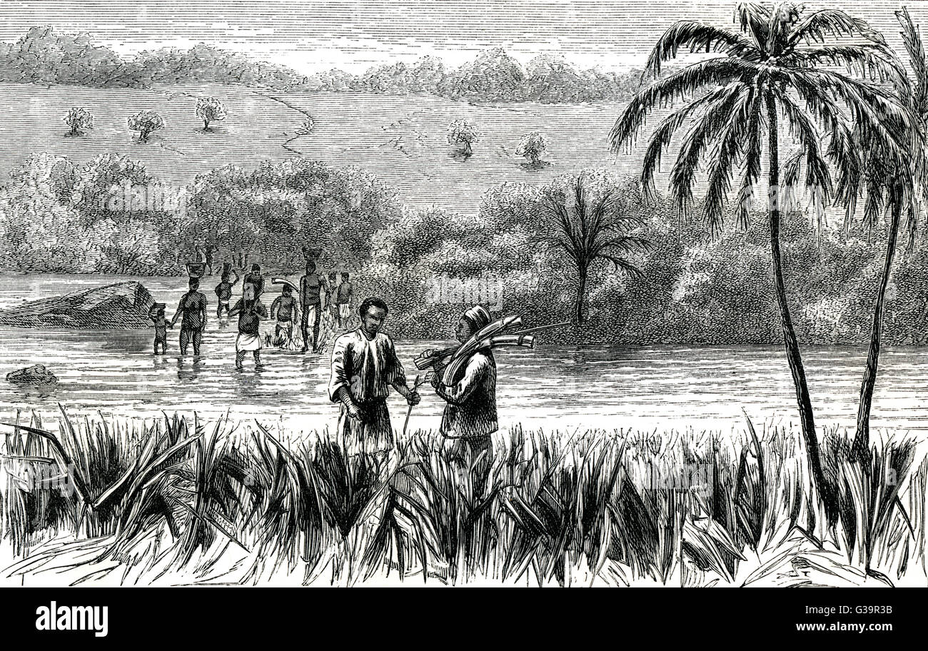 Cameron Verney Lovett; he  crossed Africa from east to  west.  In this engraving, he  crosses the Luwati River.      Date: 1875 Stock Photo