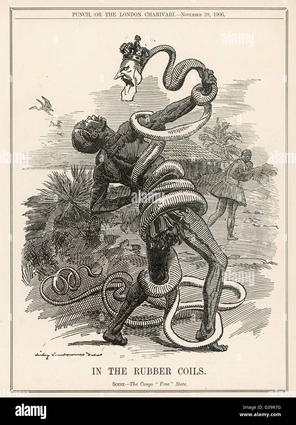 King Leopold II, King of the Belgians, crushes the Belgian Congo, 'in the rubber coils'  a reference to Leopold's exploitation of the Congo Free State, extorting forced labour from the native people to harvest rubber for trade.  1906 Stock Photo