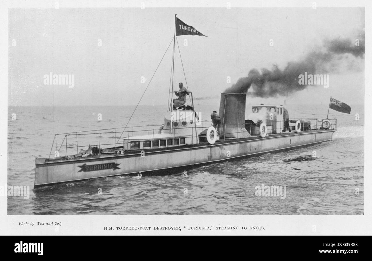 Torpedo-boat, fitted with the  Parsons turbine engine, the  fastest vessel afloat at this  time, made a spectacular  appearance at the Spithead  Naval Review, June 1897     Date: 1894 Stock Photo