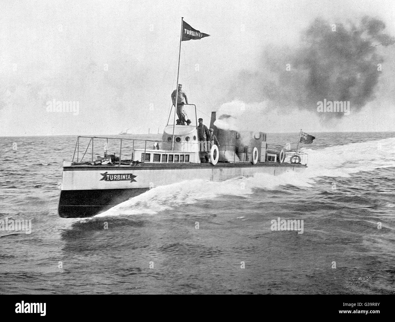 Torpedo-boat, fitted with the  Parsons turbine engine, the  fastest vessel afloat at this  time, depicted here while  travelling at 35 knots      Date: 1894 Stock Photo