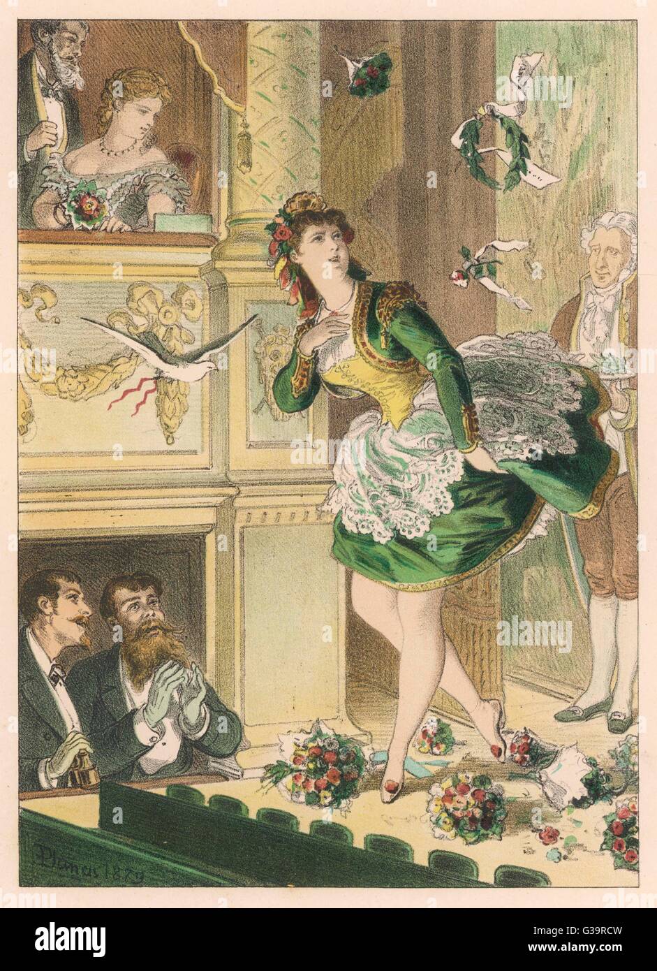 Success!  Bouquets of flowers are thrown  on stage and a dove is let  loose for a popular actress.     Date: 1879 Stock Photo
