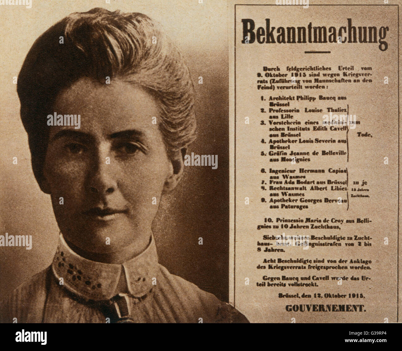 EDITH CAVELL English nurse, with a facsimile of the order for her