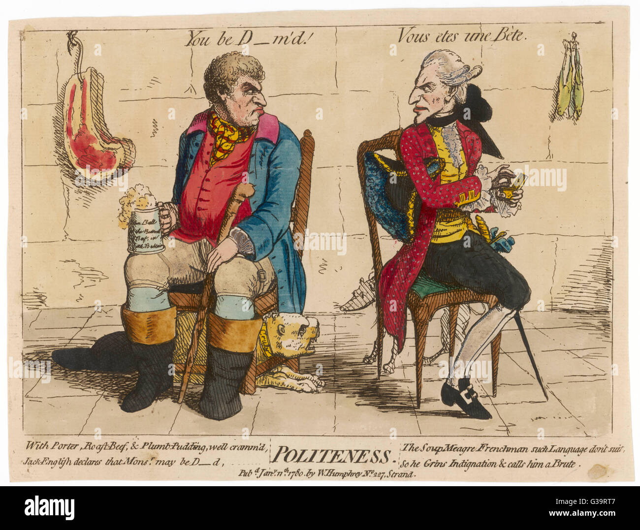 'Politeness' The state of Anglo-French relations played out by John Bull and his French counterpart.     Date: 1780 Stock Photo
