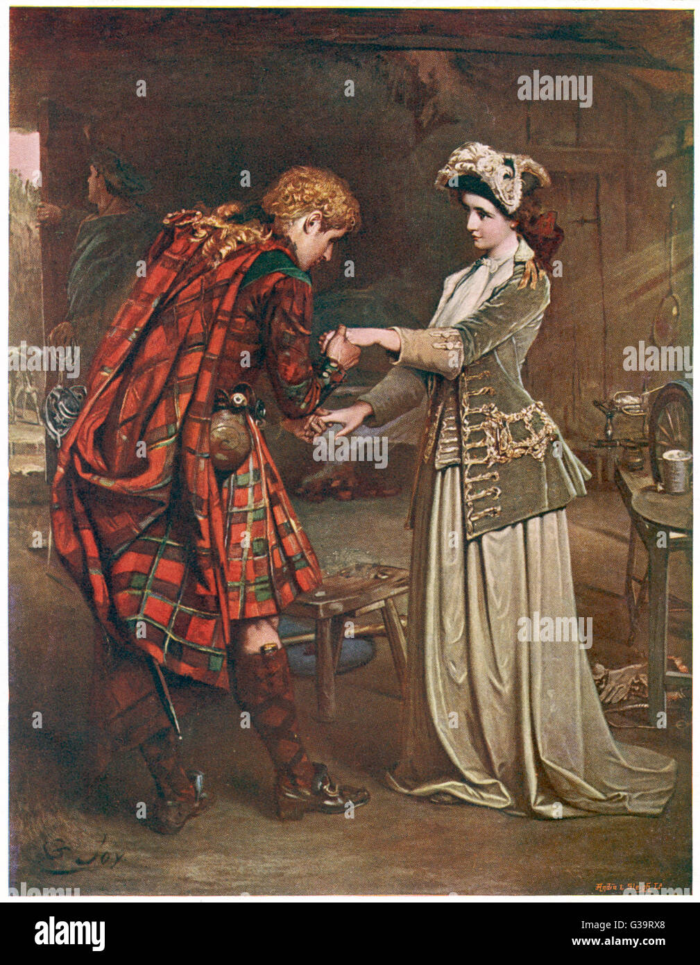 Prince Charles Edward Stuart  bids farewell to Flora  MacDonald who aided his  escape.      Date: 1746 Stock Photo
