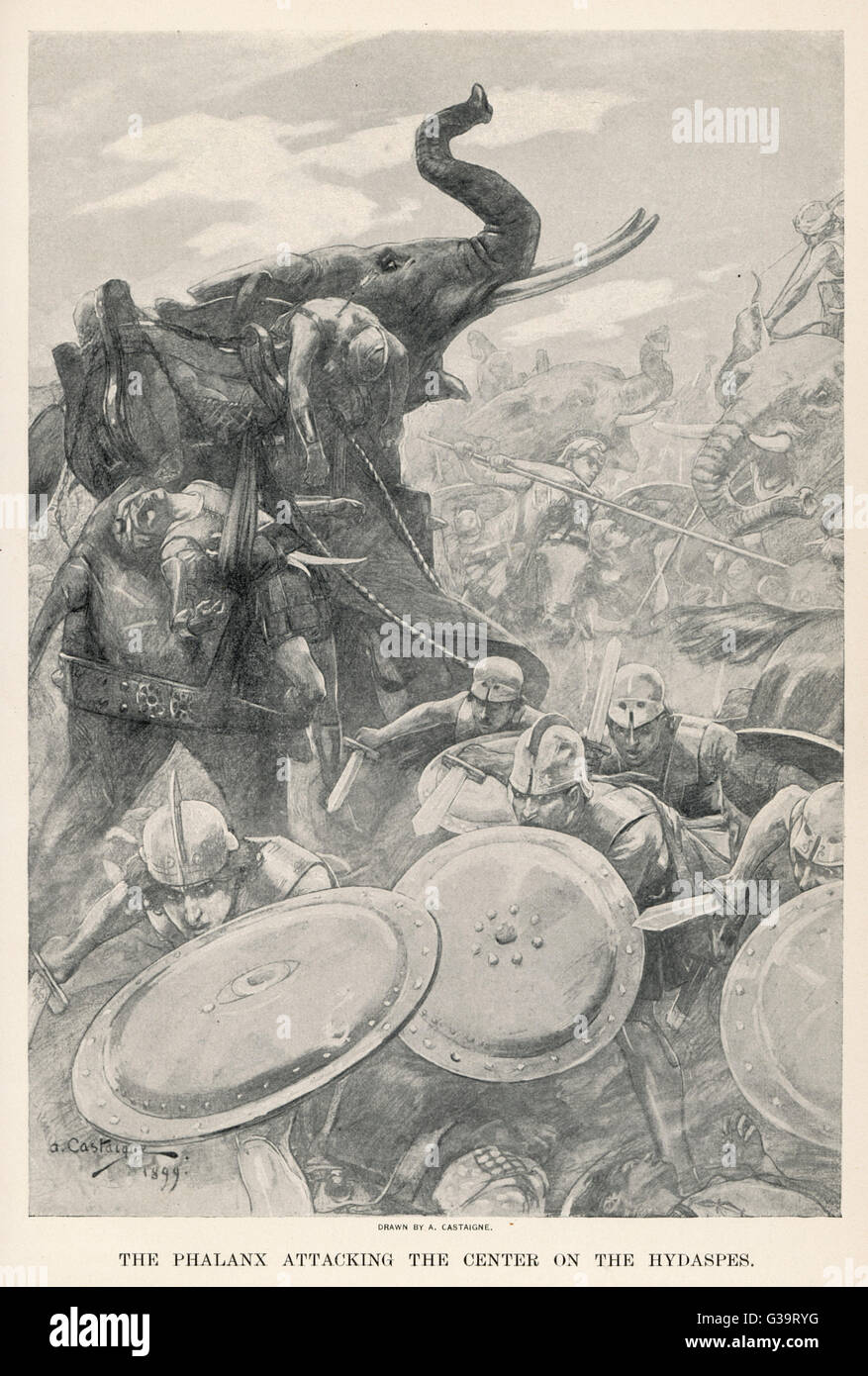 The troops of Alexander the Great meet the elephants of Porus on the