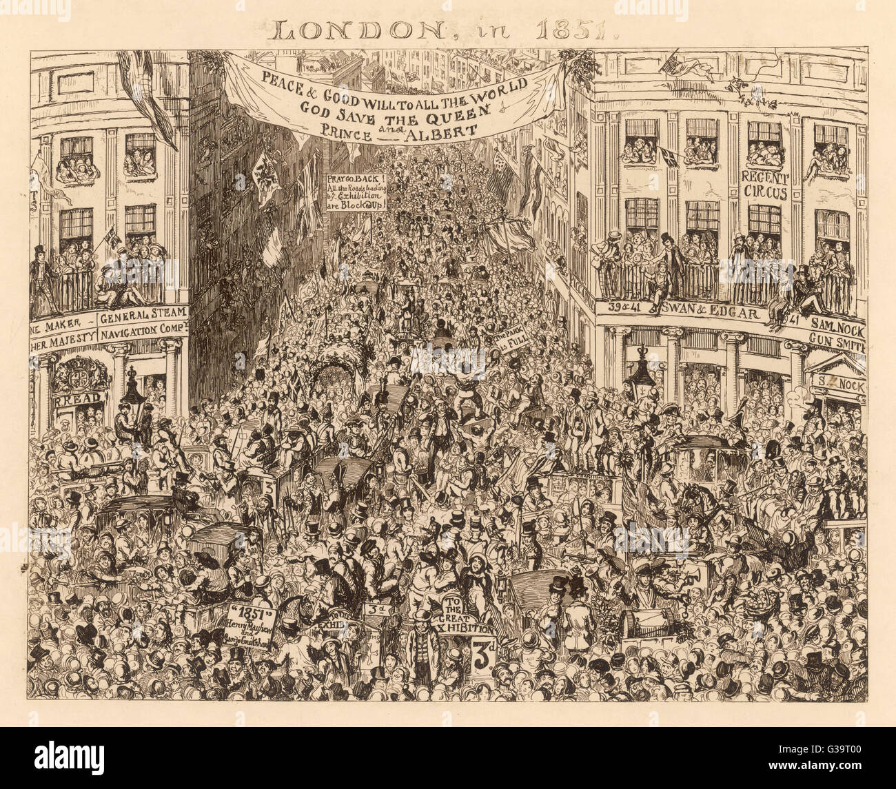 Utter chaos and gridlock in  central London due to the  sheer volume of visitors  travelling to the Great Exhibition at the Crystal  Palace in Hyde Park.     Date: 1851 Stock Photo