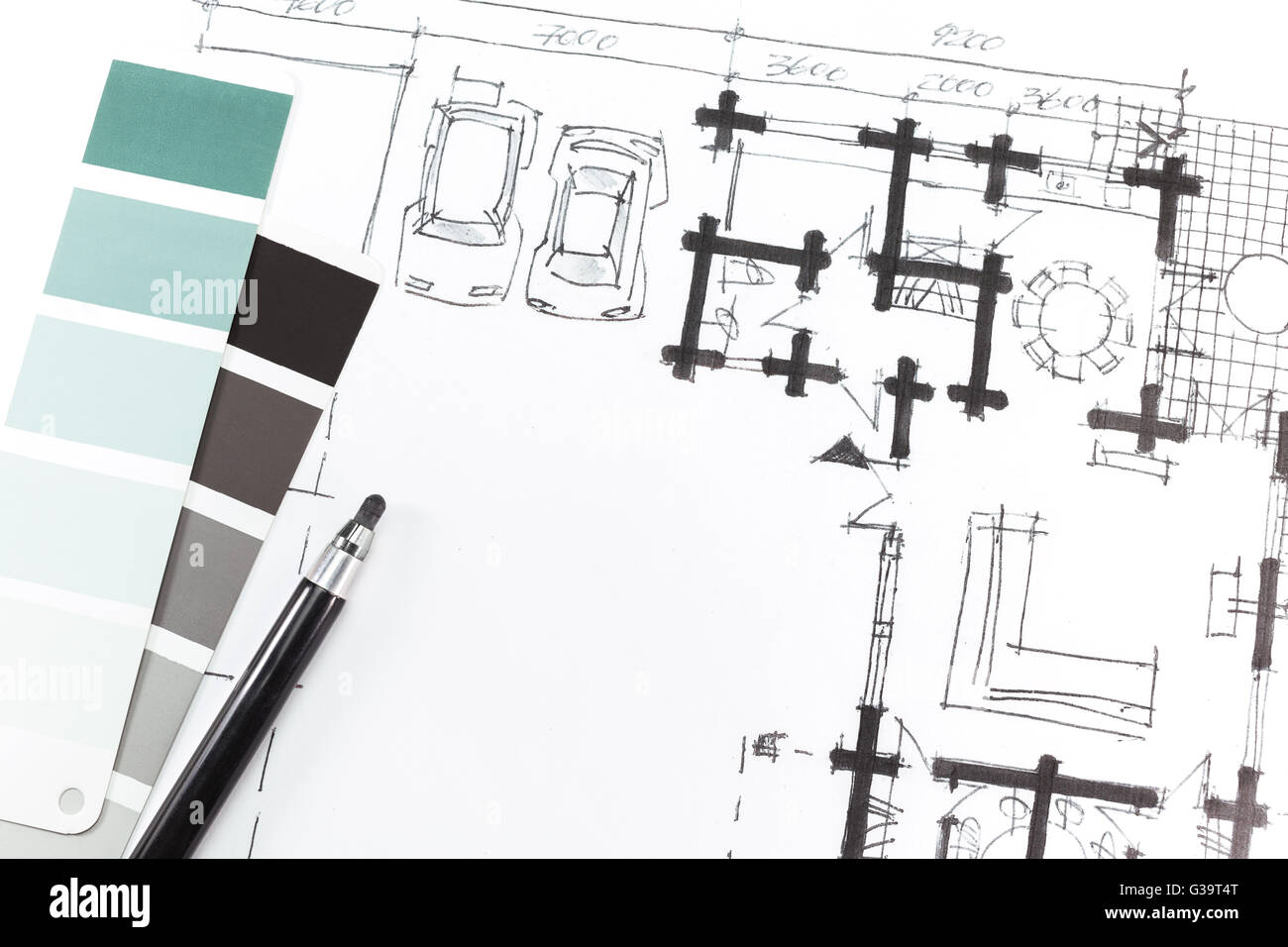 Color In Plan Drawings Color swatches and hand drawing plans. Architecture planning Stock ...