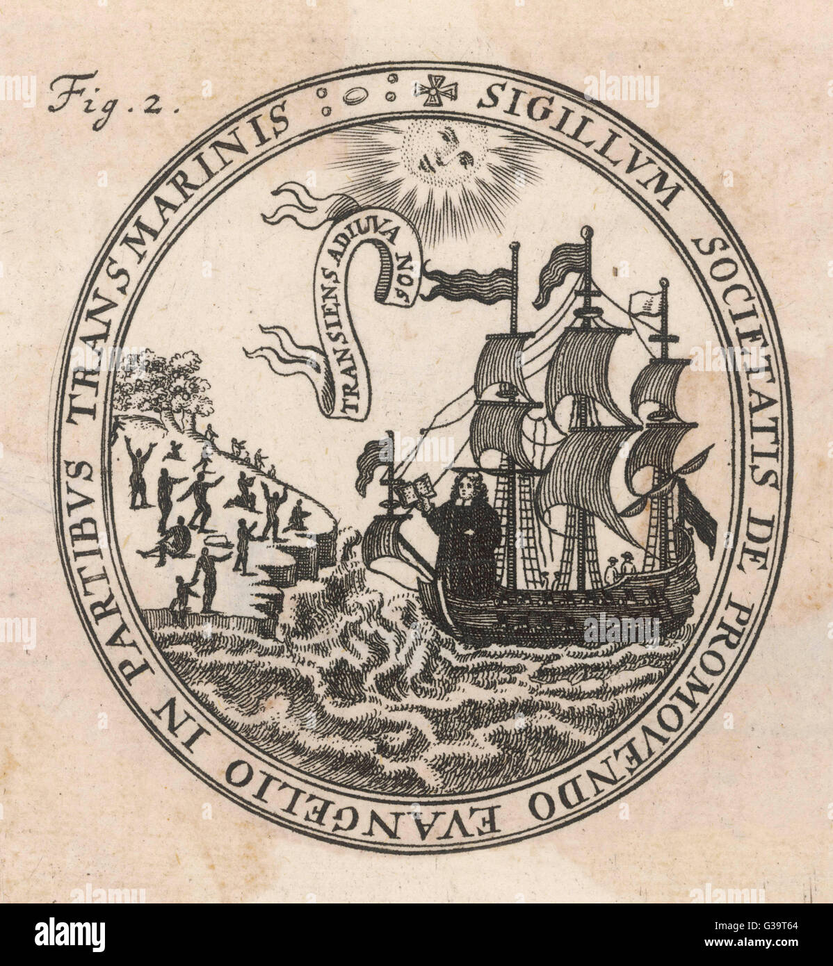 Seal of the 'Society for the  Propagation of the Gospel in  Foreign Parts'; the banner  above the ship is a plea for a  safe passage Stock Photo
