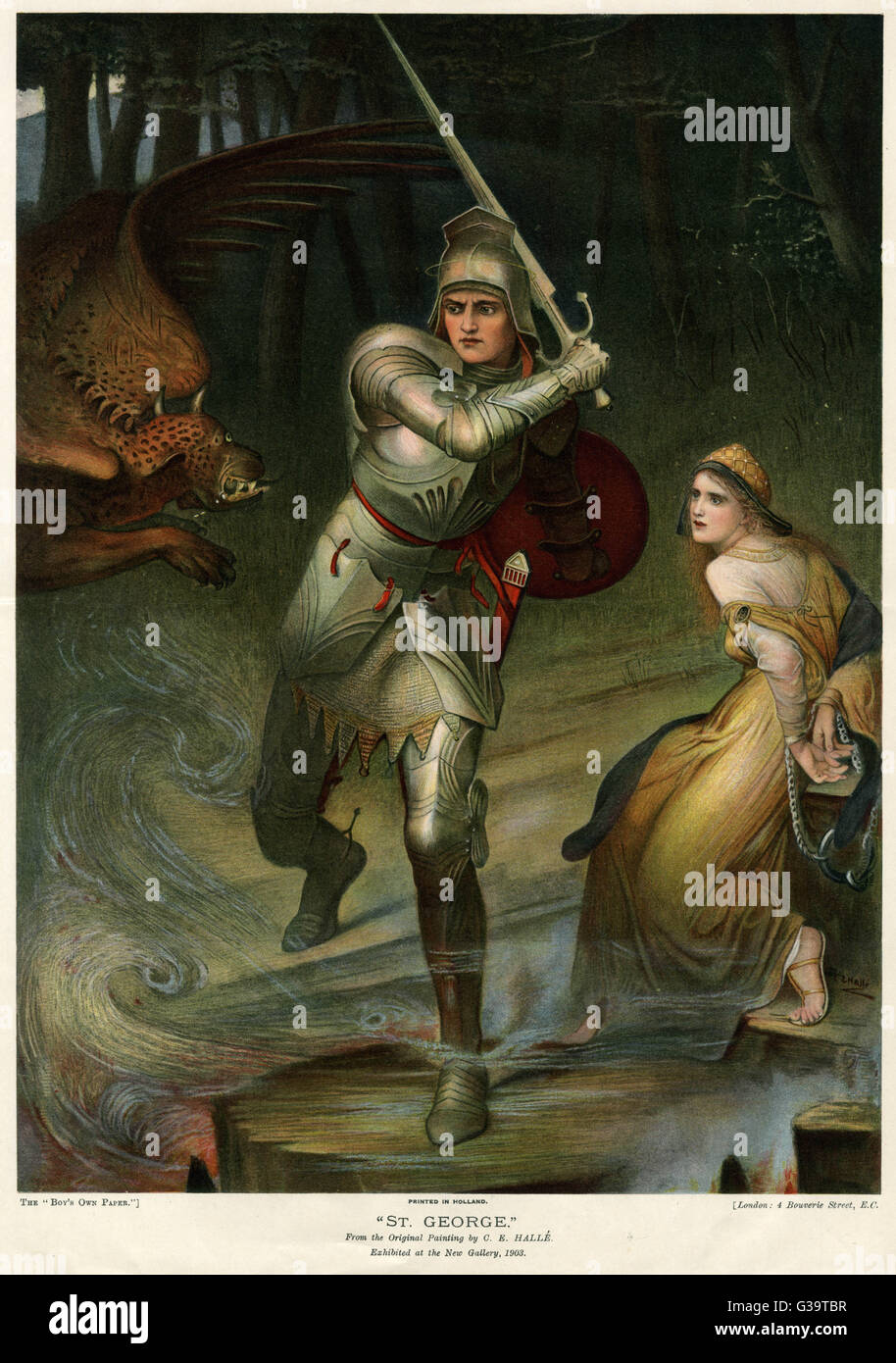 SAINT GEORGE  In a full suit of armour,  flanked by the dragon on  one side and the chained-up  princess on the other     Date:     - Stock Photo