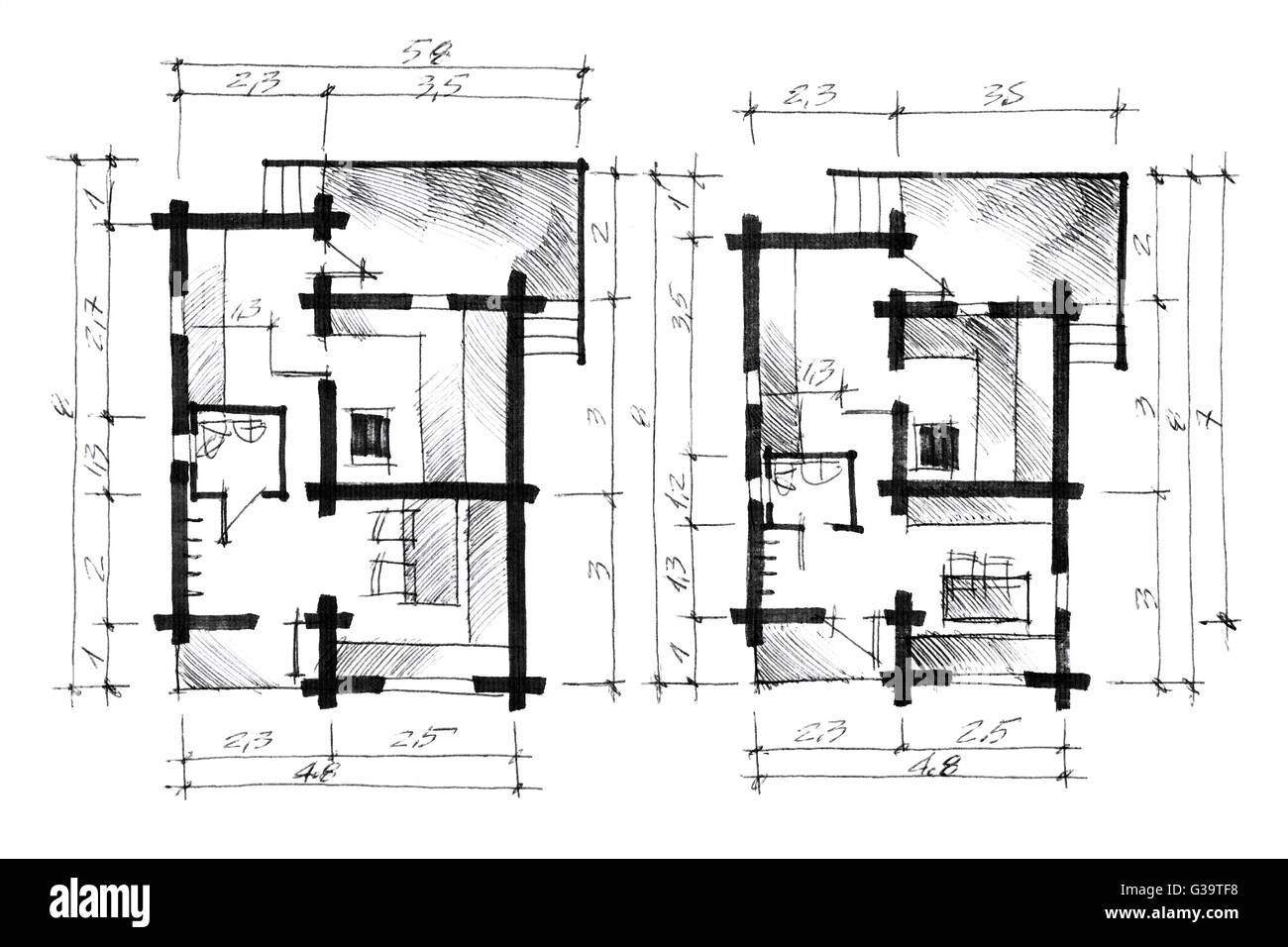 graphic picture of a house plan with calculations Stock Photo