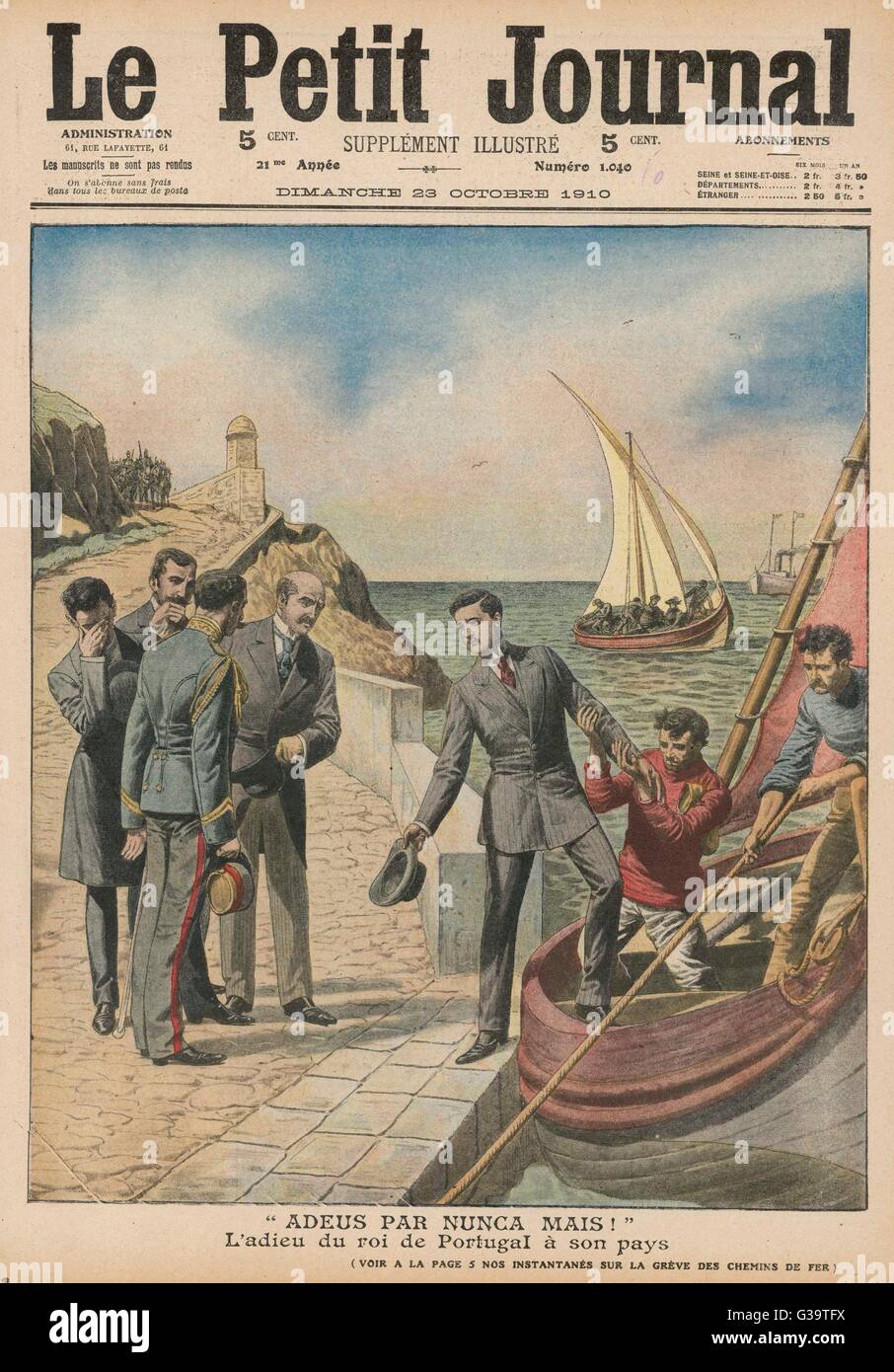 Manuel II, who succeeded his  assassinated father Carlos I,  abdicates and flees after  revolution implants a new  republic; 770 years of  Portuguese monarchy is ended     Date: 1910 Stock Photo